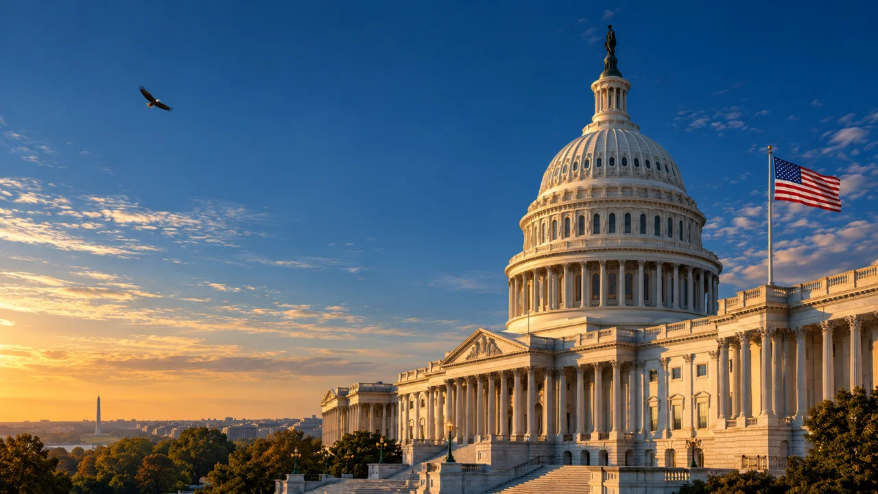 Illustrative U.S. Capitol, American flag, and subtle bald eagle composition