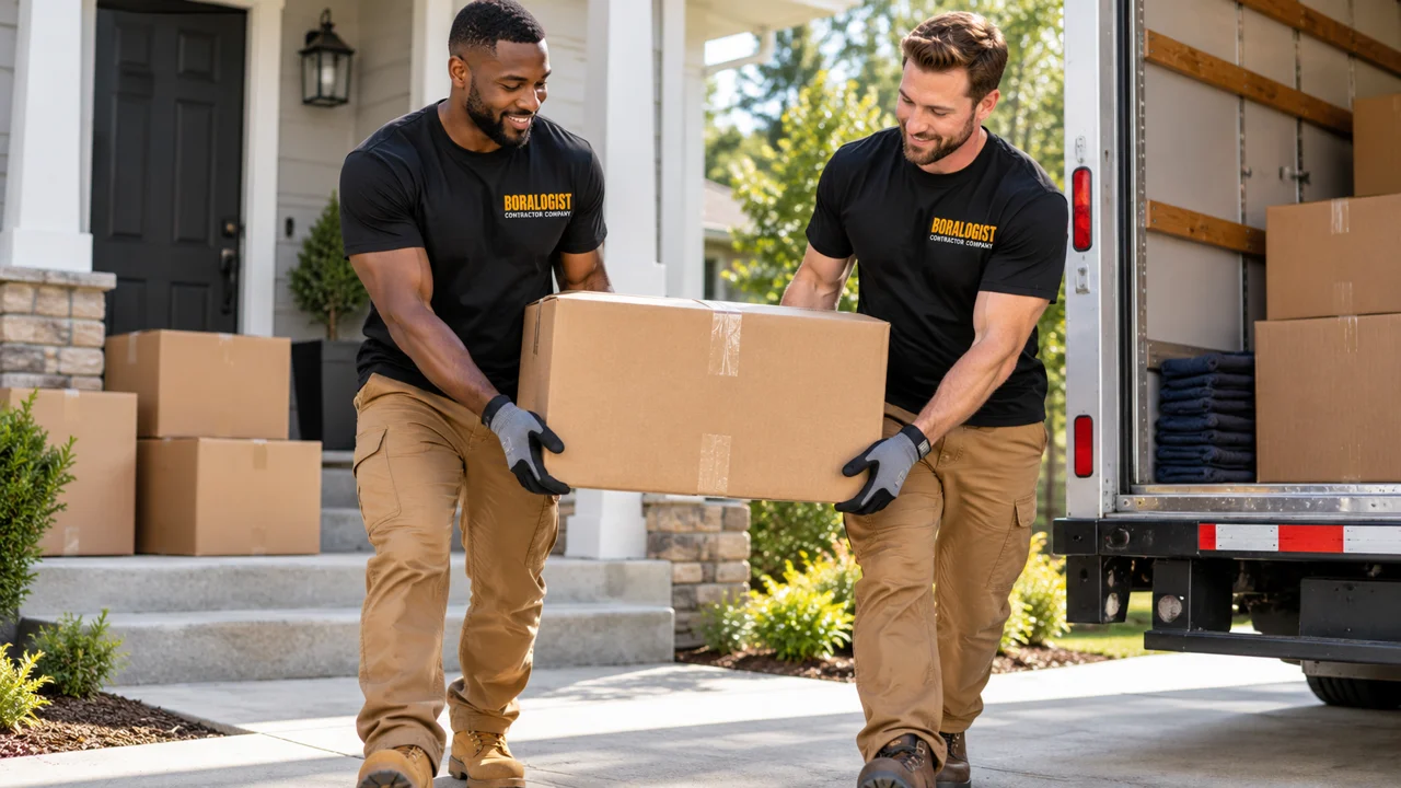 Illustrative Black and white adult helpers safely loading household items
